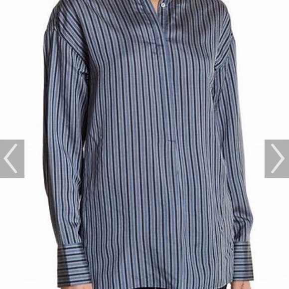 Vince Striped Blue Black Long Sleeve Silk Blouse Size Medium - Picture 1 of 7